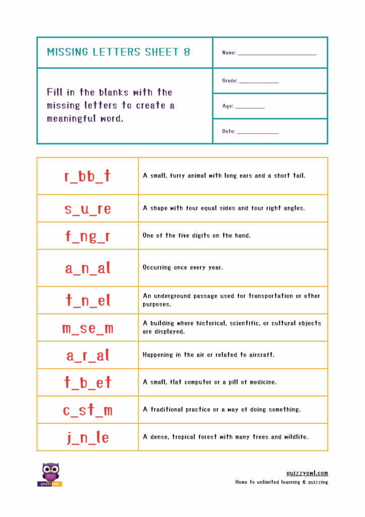 Missing letter worksheet with 6-letter word activity for early learners.
