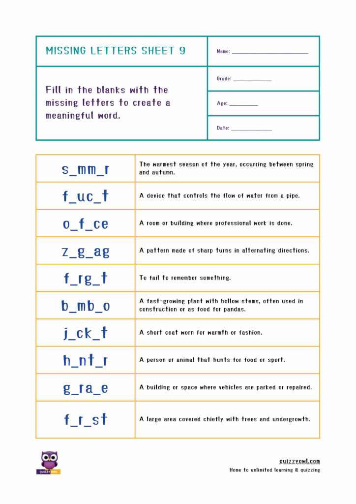 Missing letter worksheet for kids featuring a 6-letter word activity with fun illustrations.