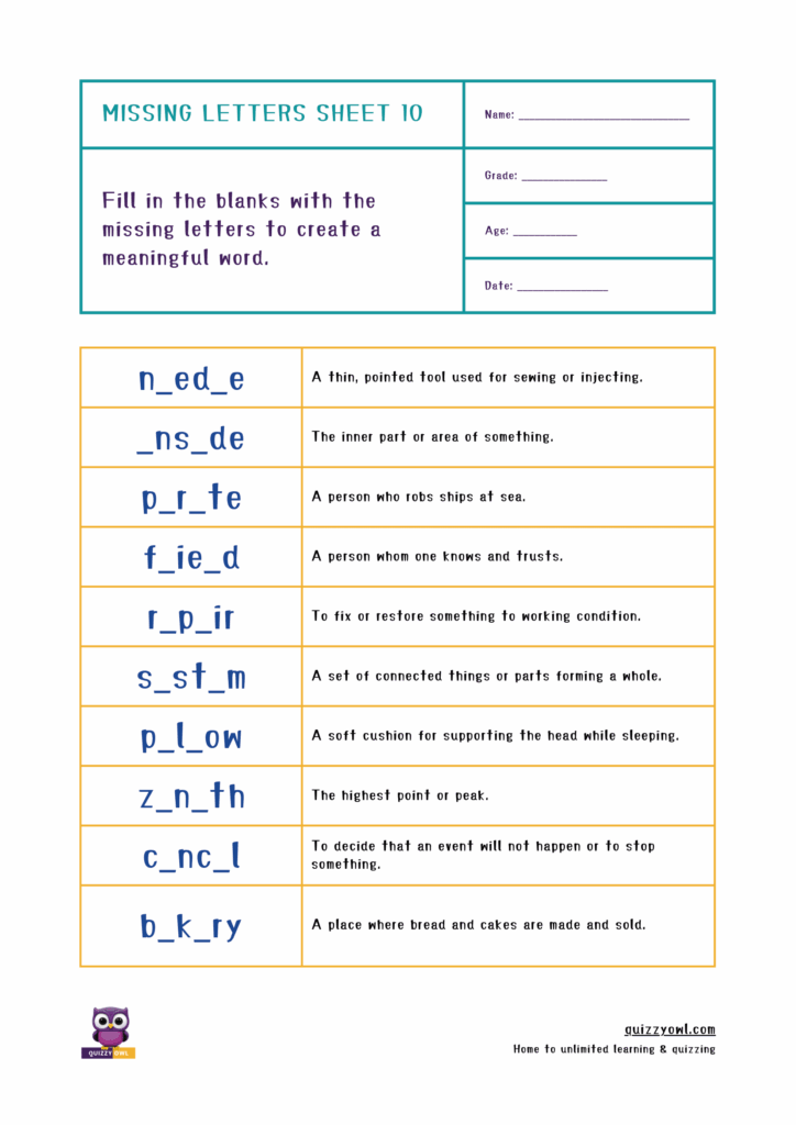 Six-letter word puzzle for missing letter identification.