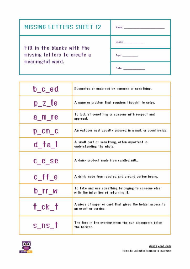 6-letter word worksheet with missing letter activity for kids.
