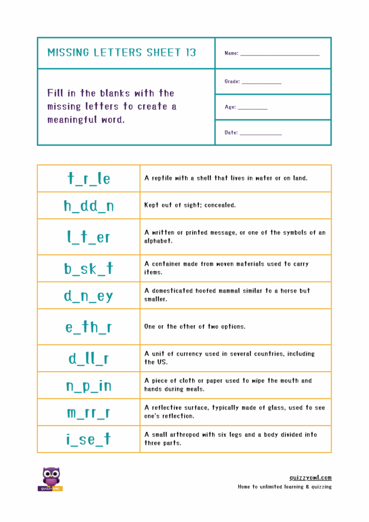 Fun missing letter worksheet for practicing 6-letter spelling words.