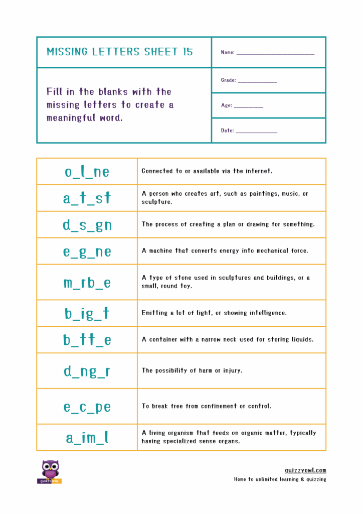 Simple missing letter worksheet featuring a 6-letter word activity.