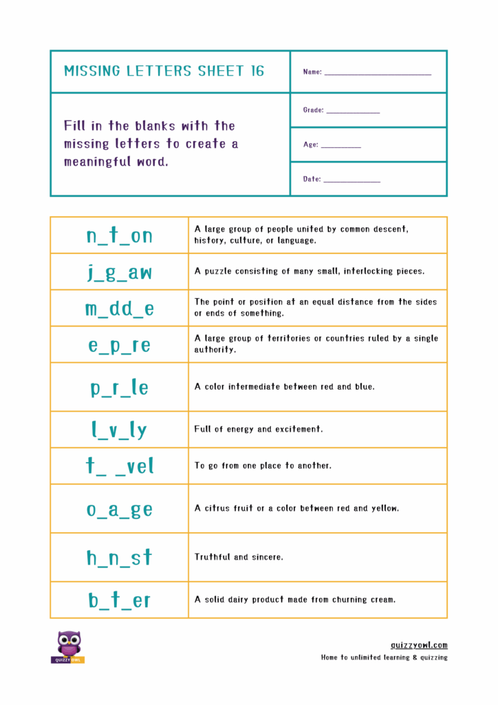 Engaging 6-letter missing letter worksheet for phonics practice.