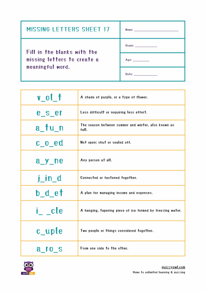 Missing letter activity sheet with a fun 6-letter word game.