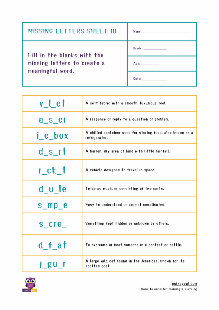 Free 6-letter missing letter worksheet for kids’ spelling practice.