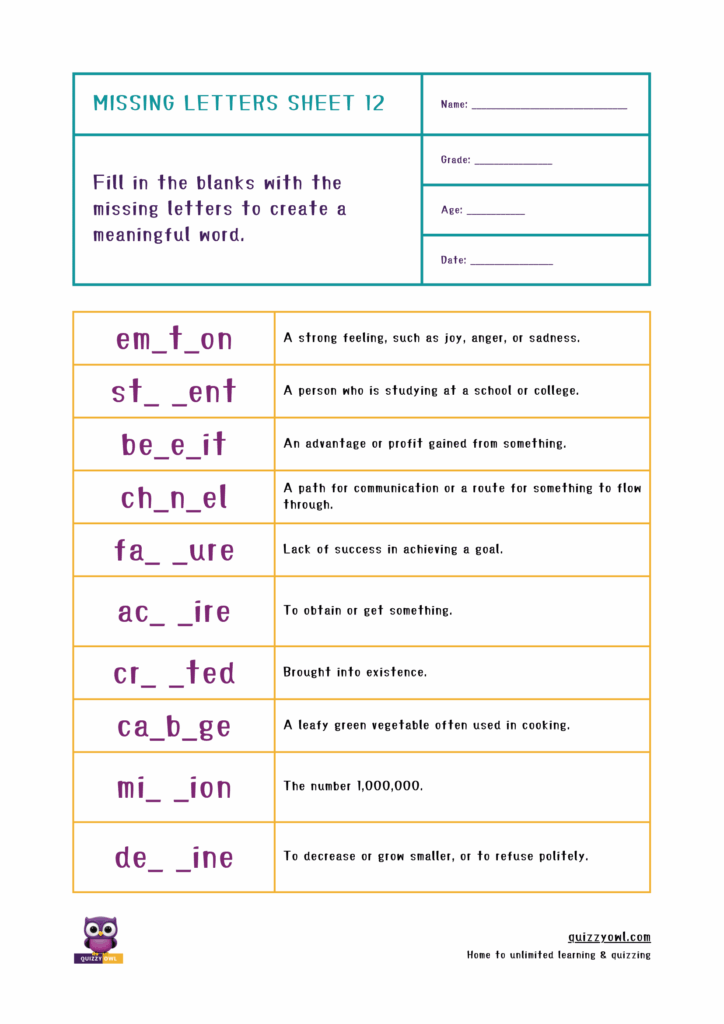 Educational worksheet for 7-letter missing letter challenges.