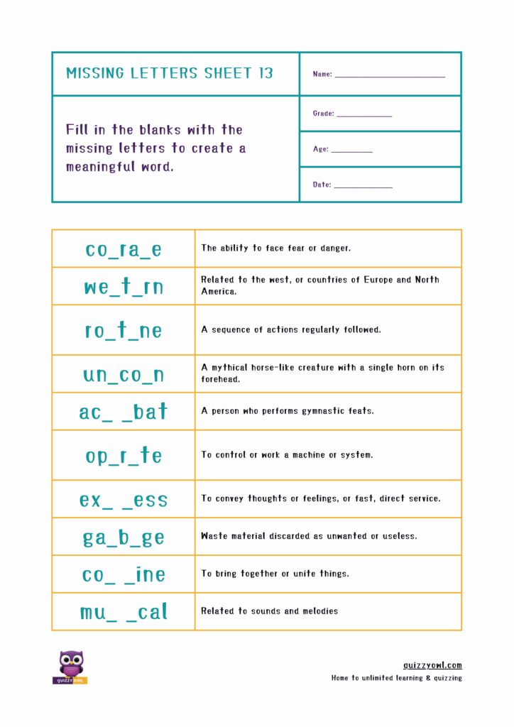 Printable 7-letter spelling worksheet with missing letters.