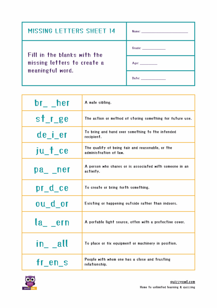 Interactive missing letter worksheet with 7-letter vocabulary.