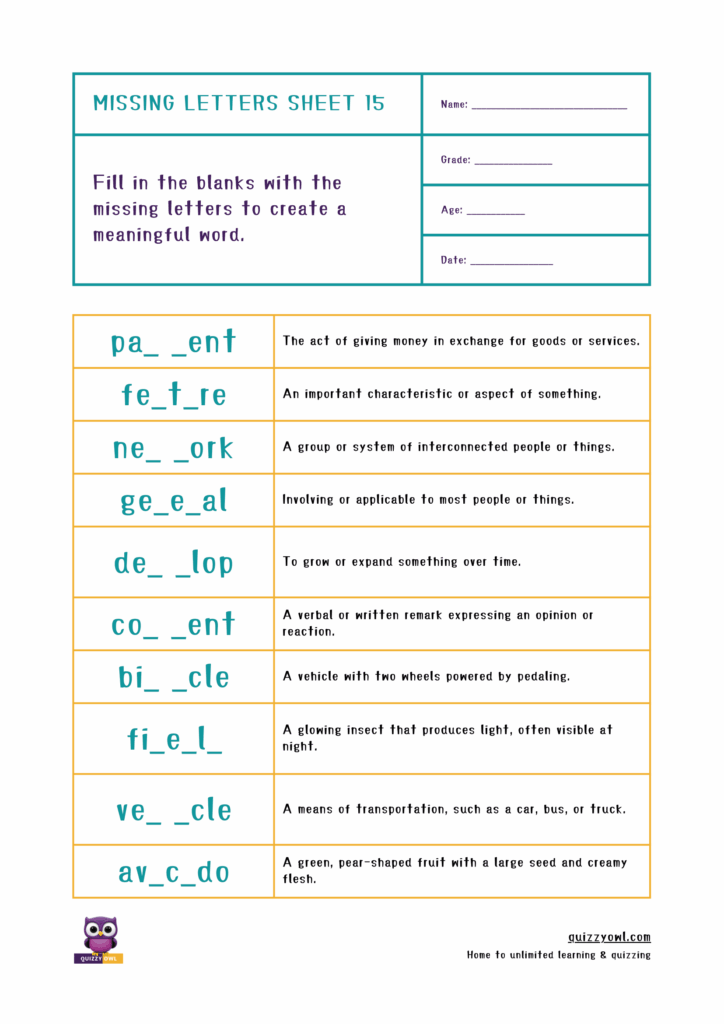 7-letter missing letter worksheet for older early learners.