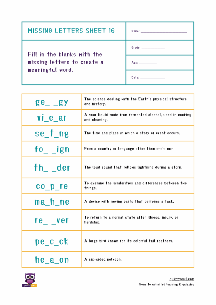 Phonics-based worksheet for completing 7-letter words.
