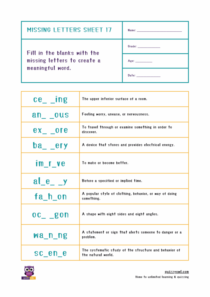 Engaging spelling worksheet with missing 7-letter words.