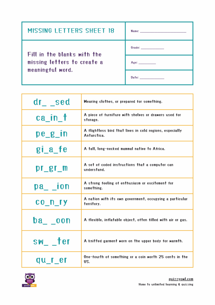 Advanced missing letter worksheet with a 7-letter word puzzle.