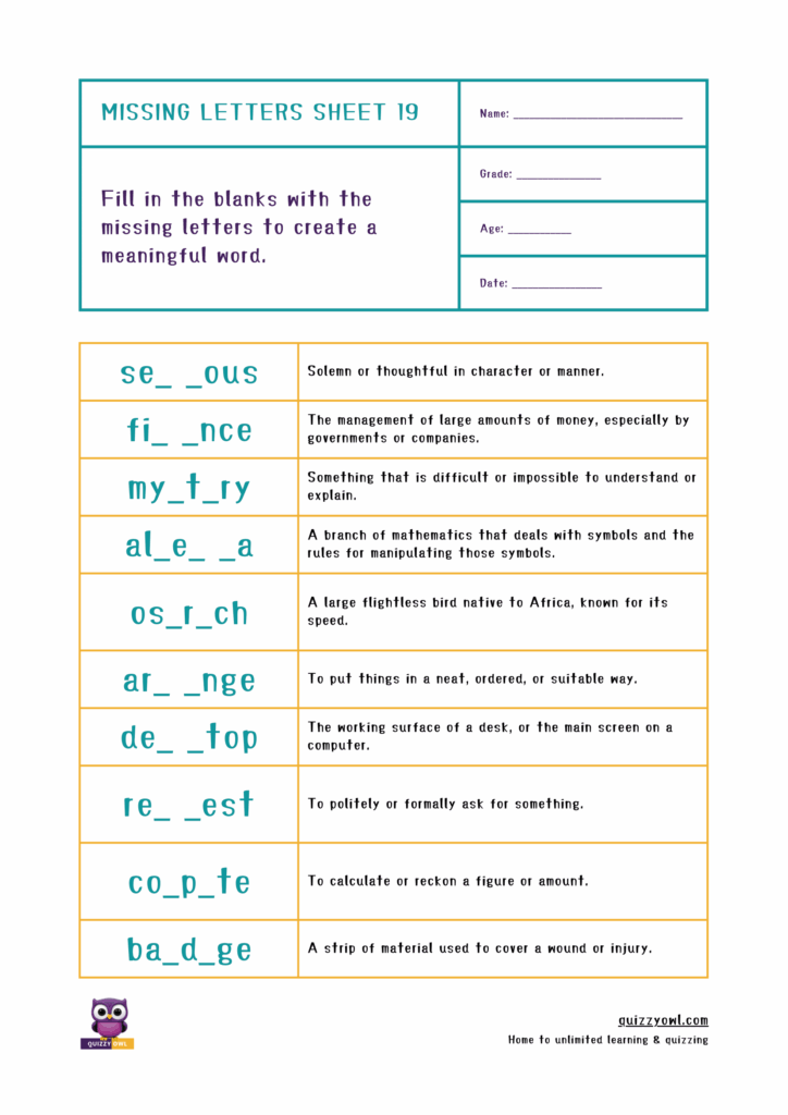 Colorful worksheet with missing letters in 7-letter vocabulary.