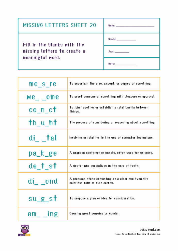 Printable missing letter worksheet featuring 7-letter words.