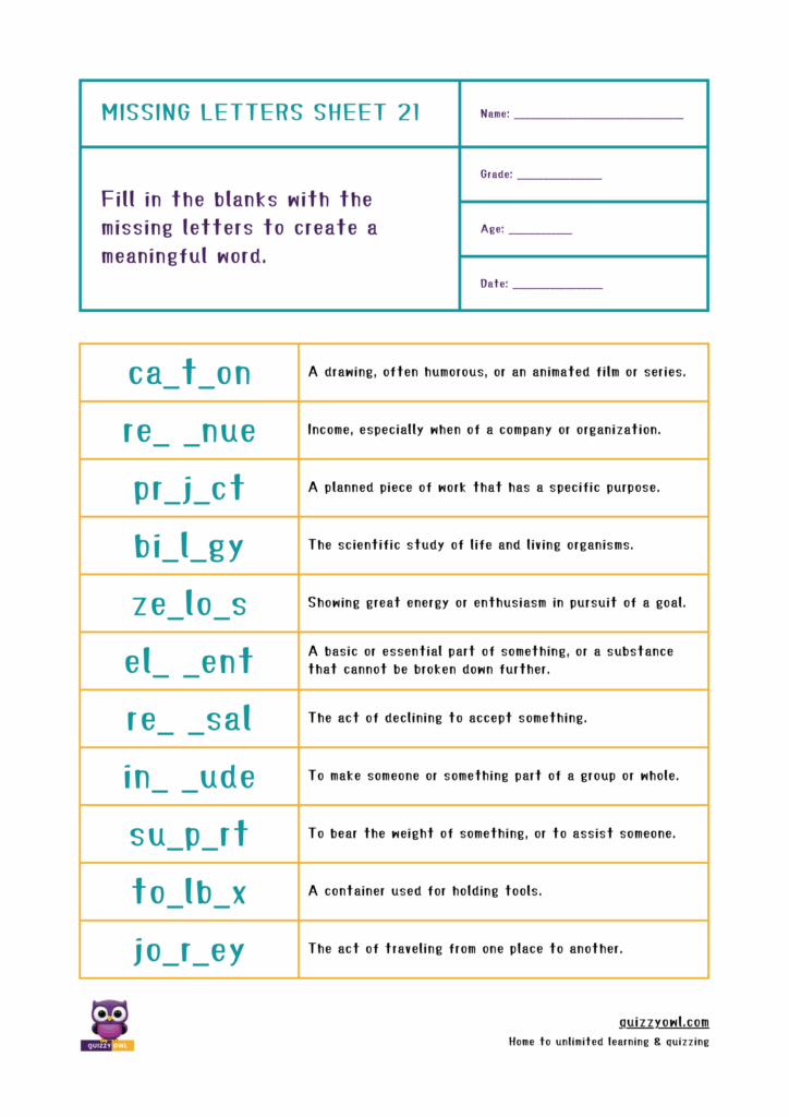 Missing letter worksheet for kids with a 7-letter word activity.