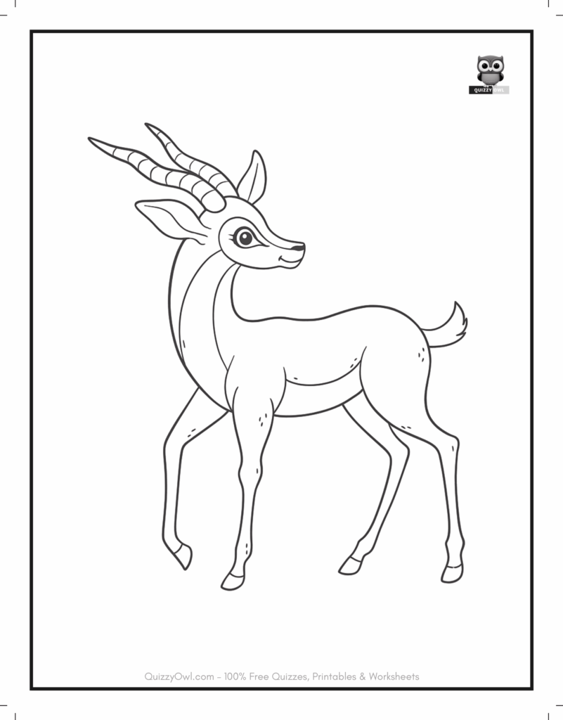 Outline drawing of an antelope looking back – animal coloring page for children.