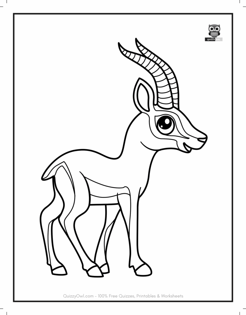 Outline drawing of a cute baby antelope with large horns – animal coloring page for kids.