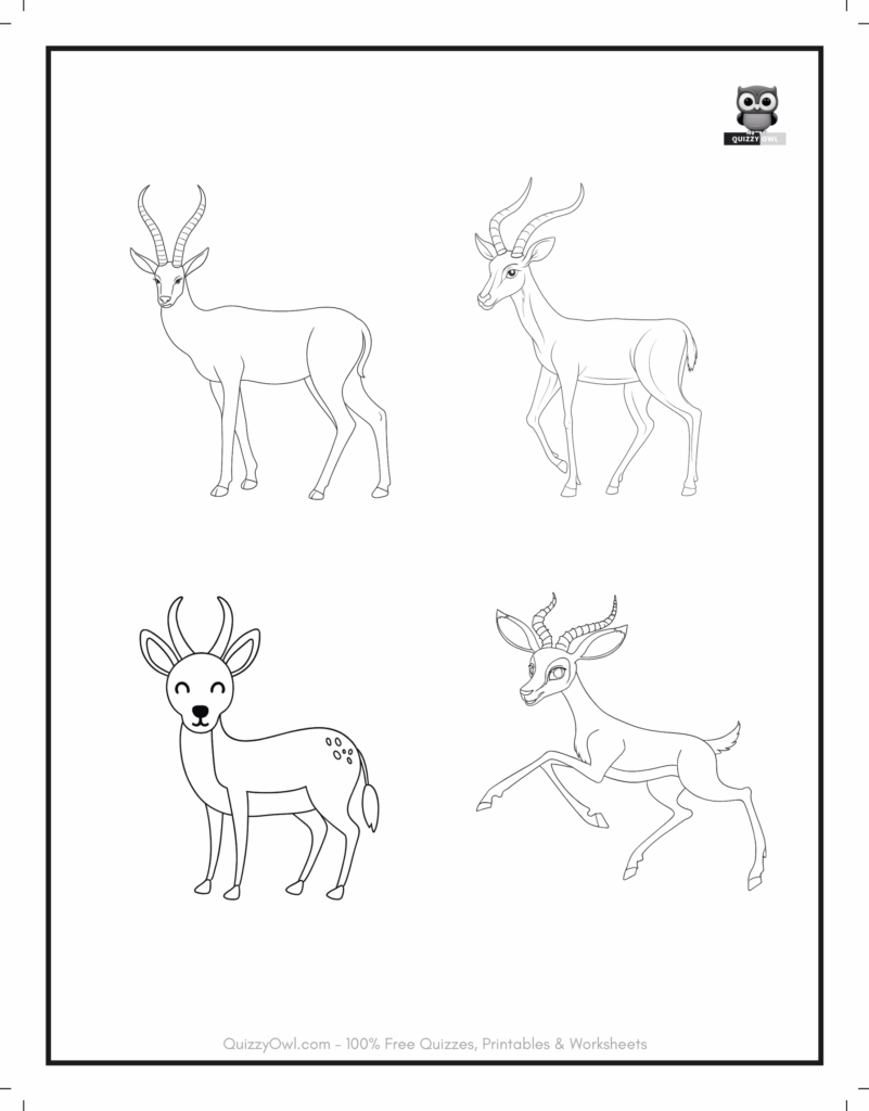 Mixed antelope poses including grazing, running, and resting – animal coloring page set.