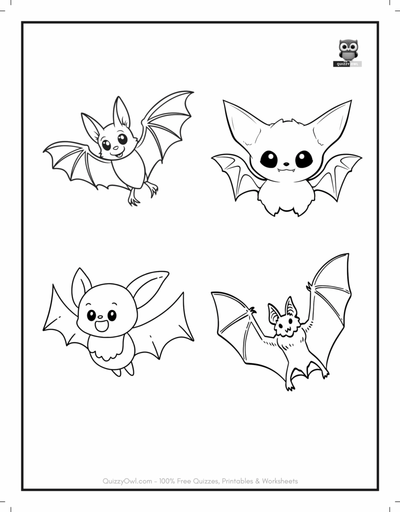 Four Bats On A Single Page featured in bat coloring page for kids to color.