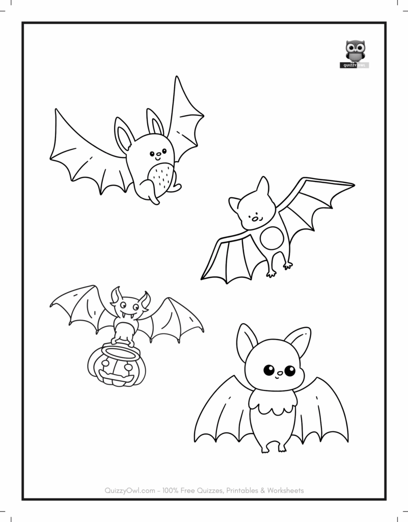 Cute Cartoon Bat featured in printable bat coloring sheets for kids to color.