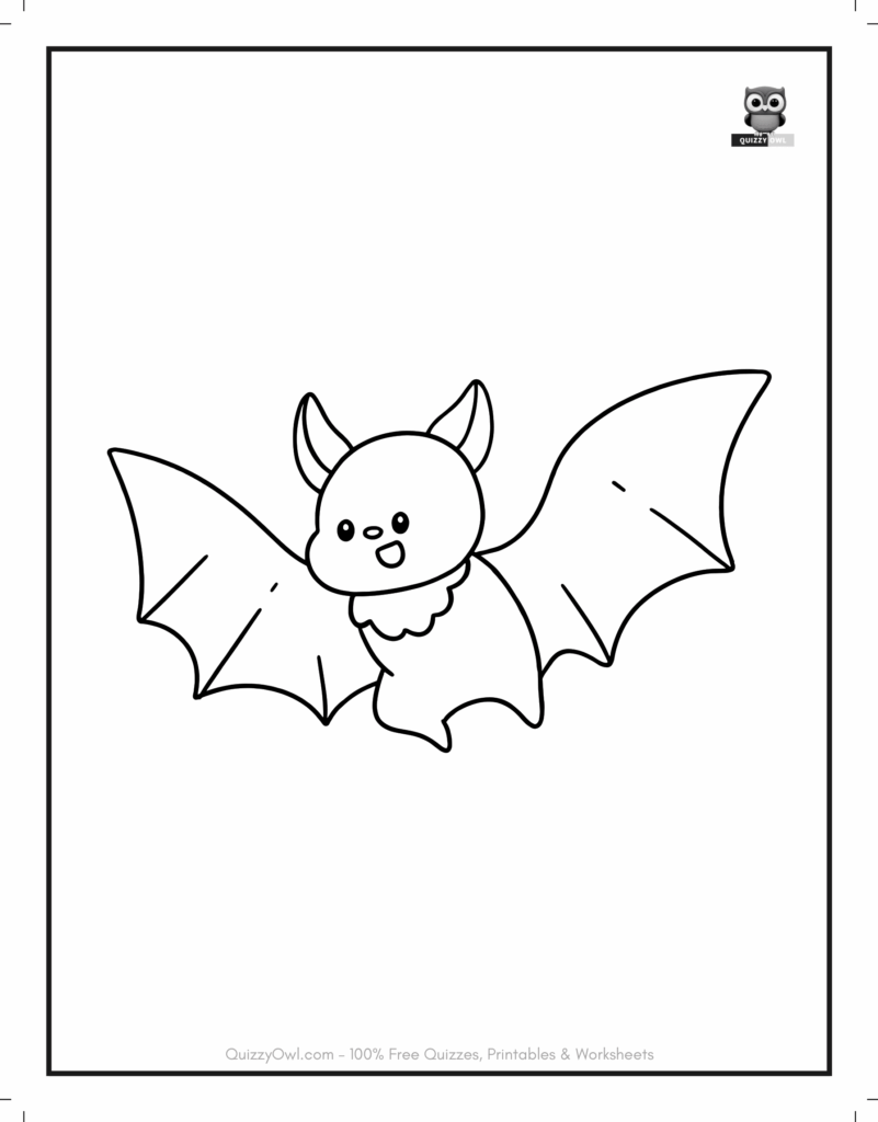 Smiling Bat featured in bat coloring page for kids to color.