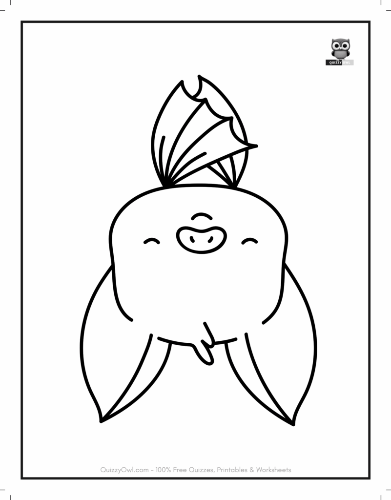 Hanging Bat featured in free bat coloring Page for kids to color.