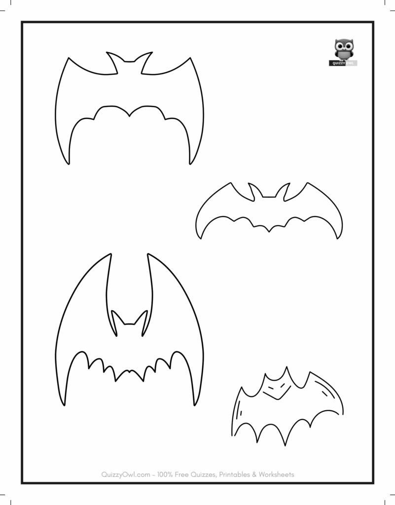4 Cartoon Bats featured in printable bat coloring sheets for kids to color.