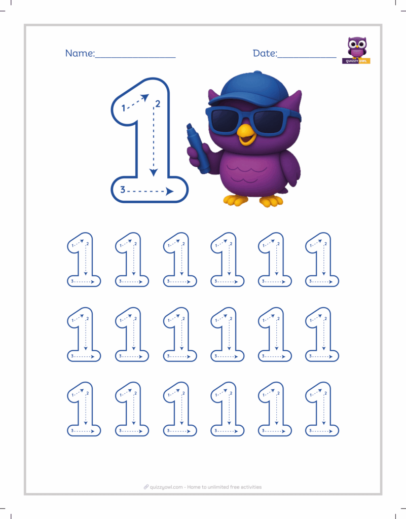 Number 1 tracing worksheet with dotted outline for preschool kids.