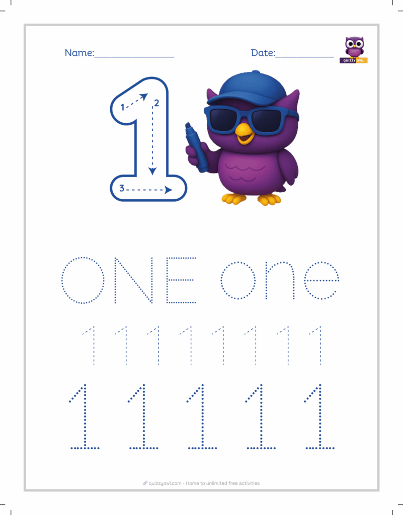 QuizzyOwl themed number 1 tracing worksheet for kids.