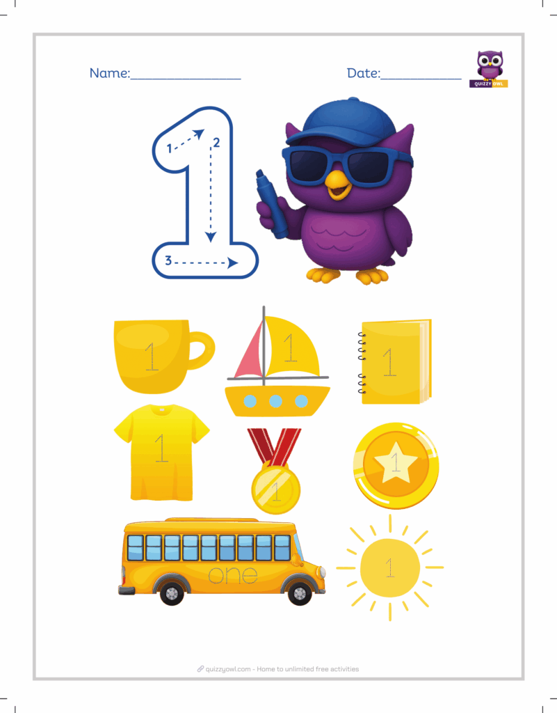 Colorful number 1 tracing worksheet with playful design.