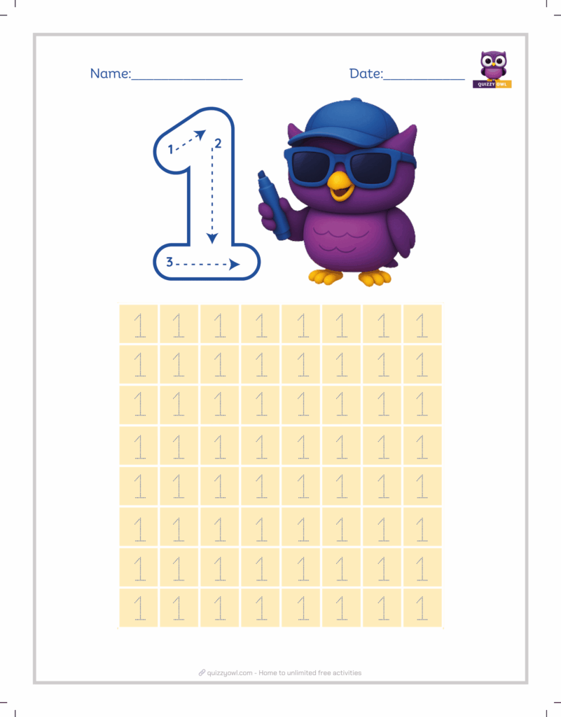Simple number 1 tracing worksheet for early learners.