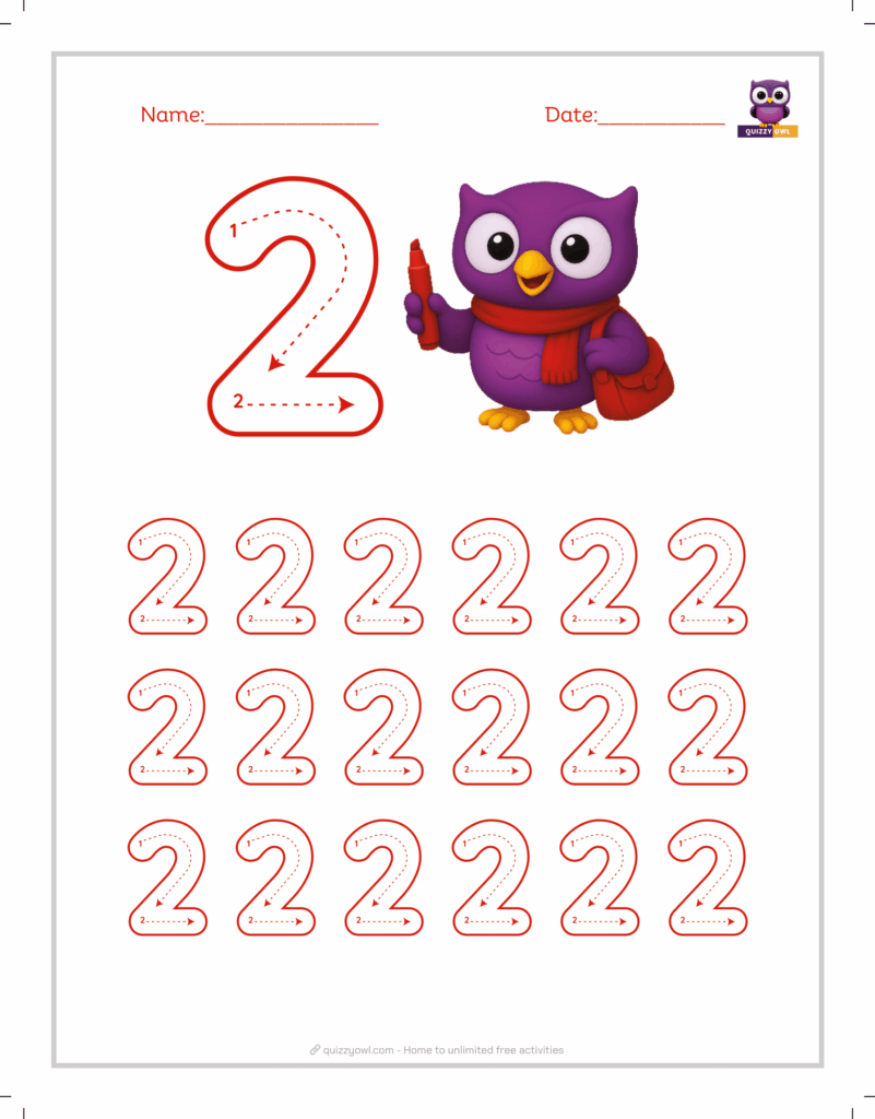 Number 2 tracing worksheet with dotted outline for preschool practice.