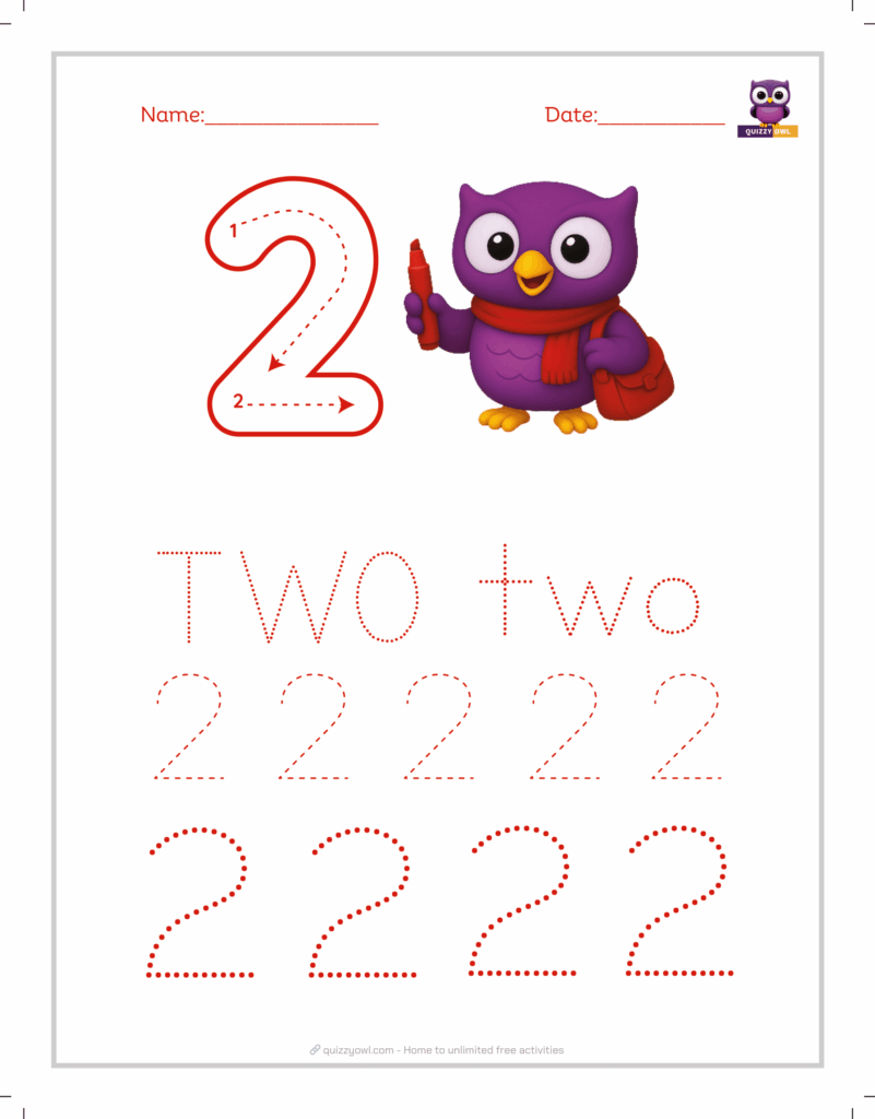 Playful number 2 tracing worksheet with animal theme.