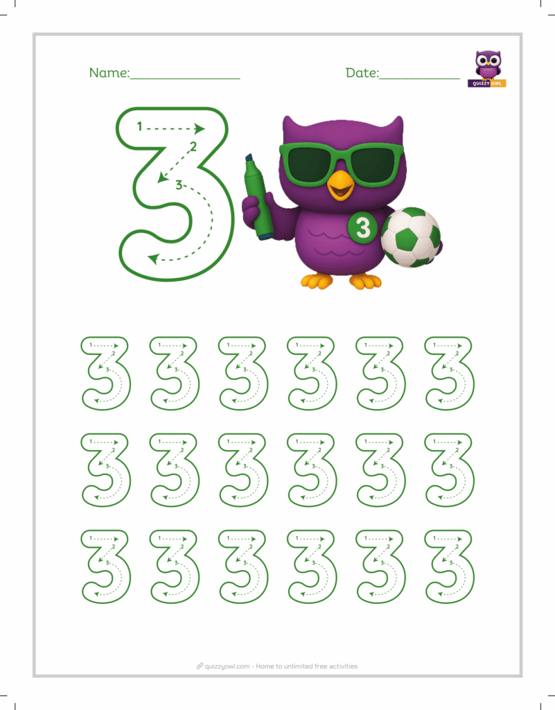 Large-print number 3 tracing worksheet for beginners.