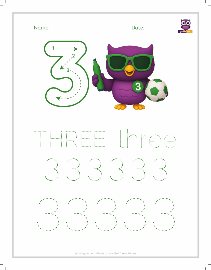 Number 3 tracing worksheet with dotted outline for preschool kids.