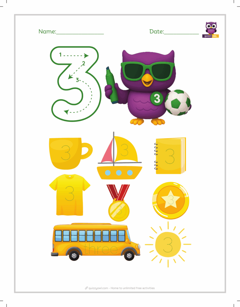 Fun number 3 tracing worksheet with cartoon theme.