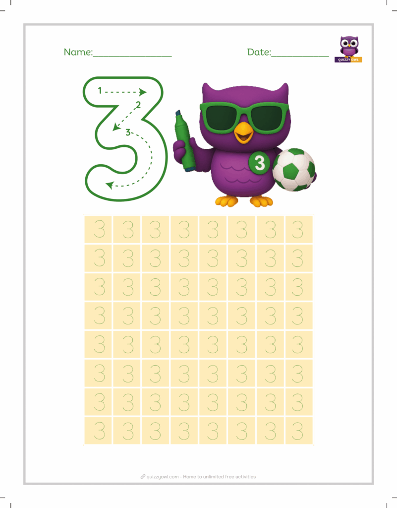 Simple number 3 tracing worksheet for early learners.
