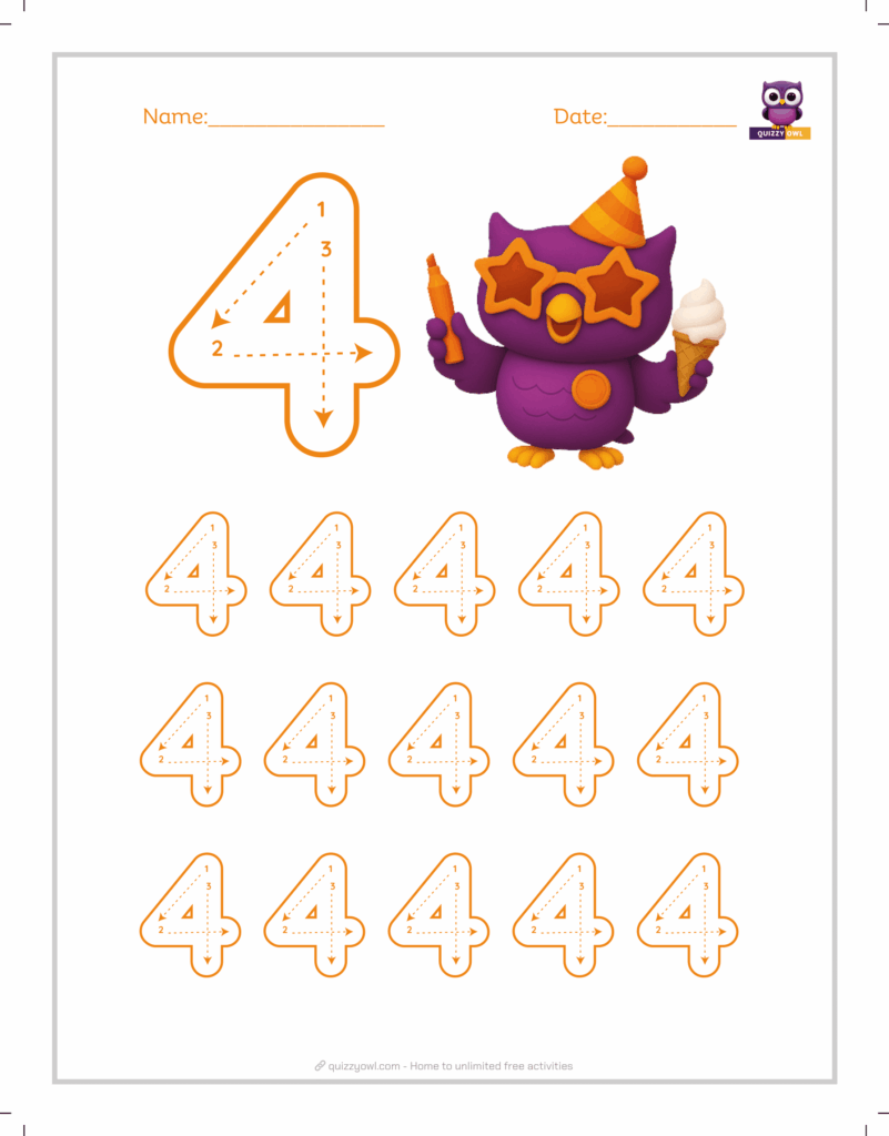 Large-size number 4 tracing worksheet for beginners.