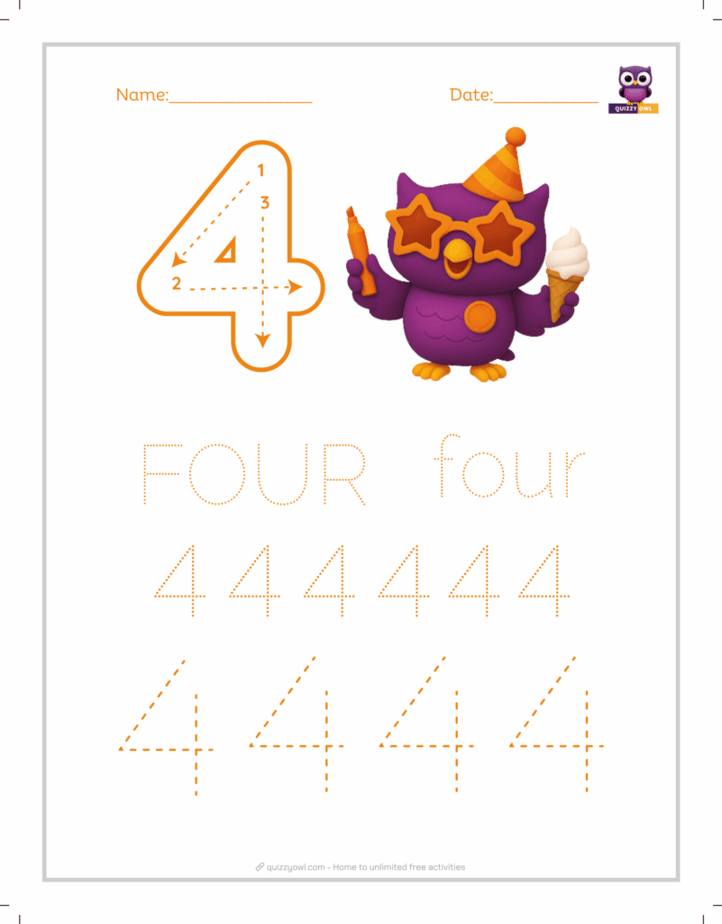 Number 4 tracing worksheet with dotted lines for kids.