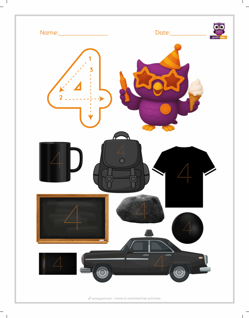 Fun number 4 tracing worksheet with playful theme.