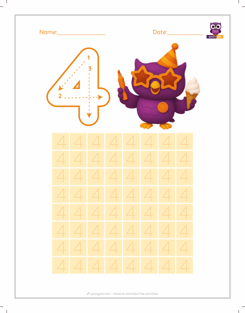 Simple number 4 tracing worksheet for early learners.