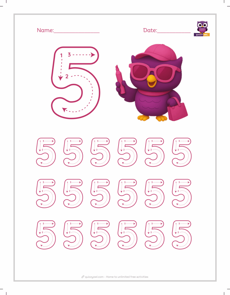 Large dotted number 5 tracing worksheet for beginners.