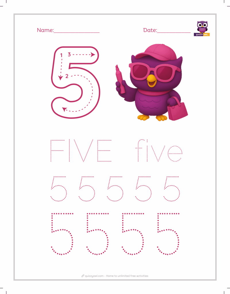 Number 5 tracing worksheet with dotted lines for children.