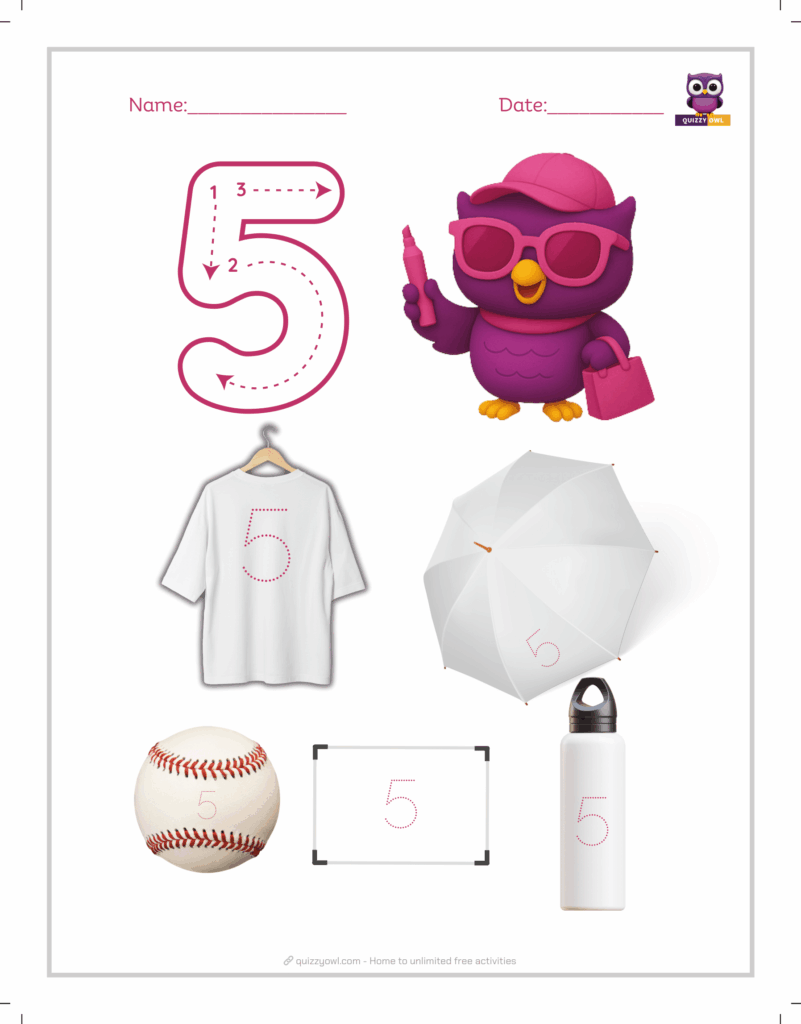 Fun number 5 tracing worksheet with decorative elements.