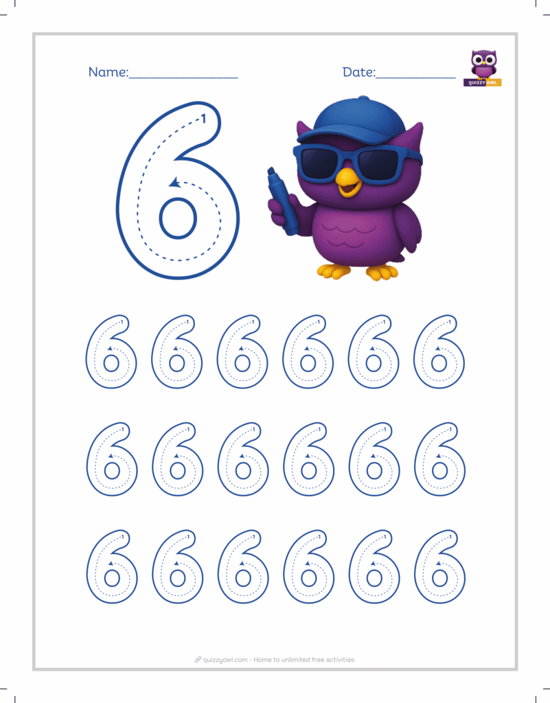 Large number 6 tracing worksheet for beginners.