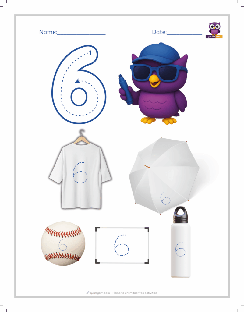 Decorative number 6 tracing worksheet for early learners.