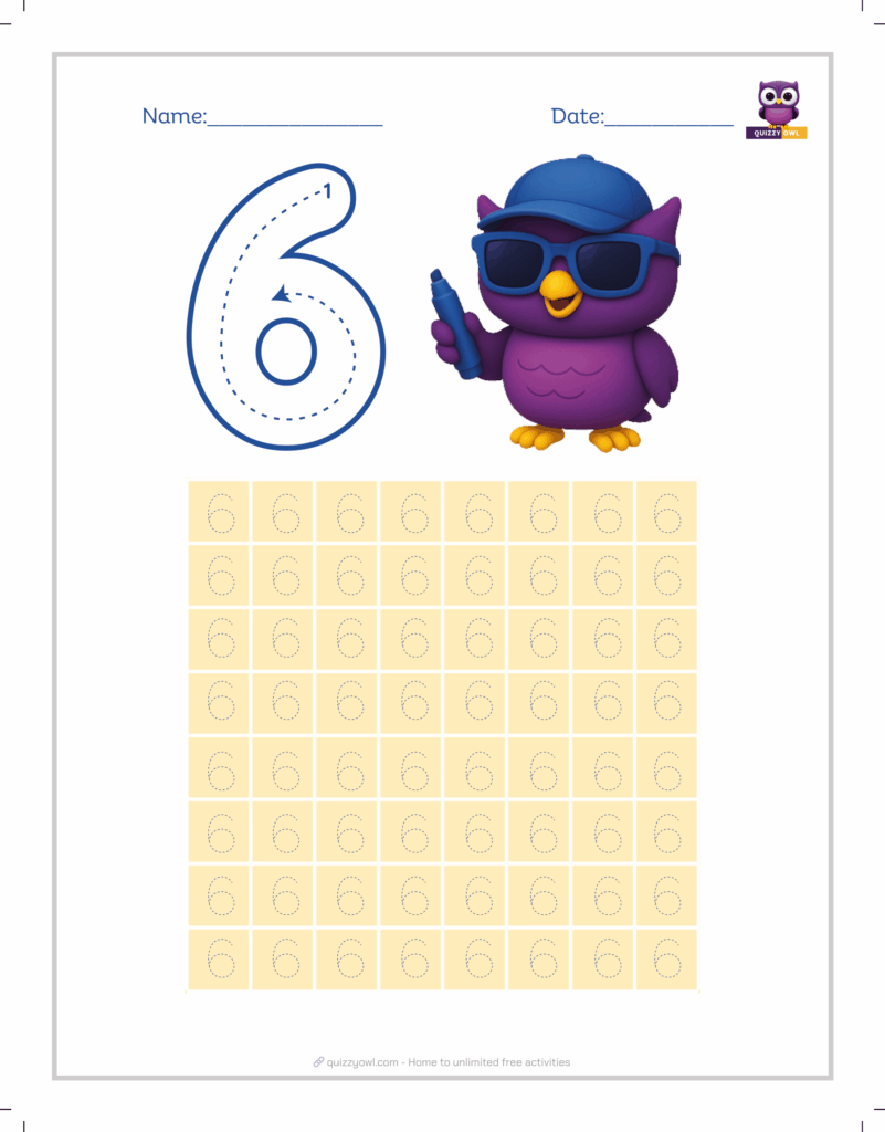 Simple number 6 tracing worksheet for young students.