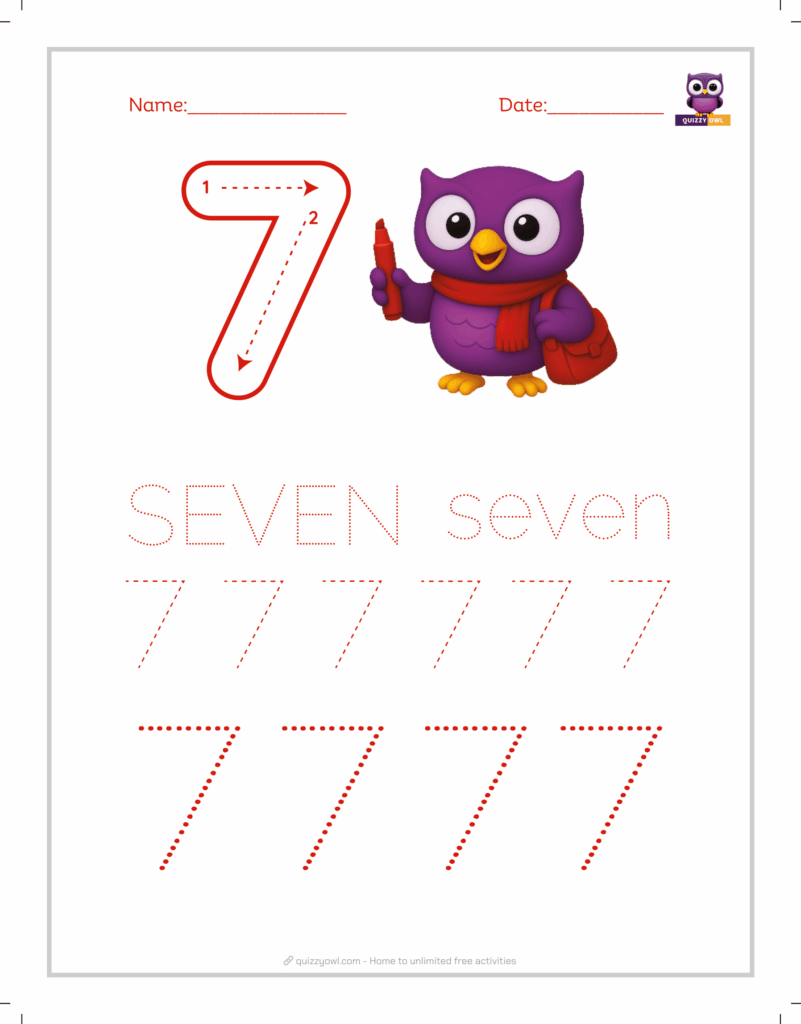 Number 7 tracing worksheet with dotted lines for preschoolers.