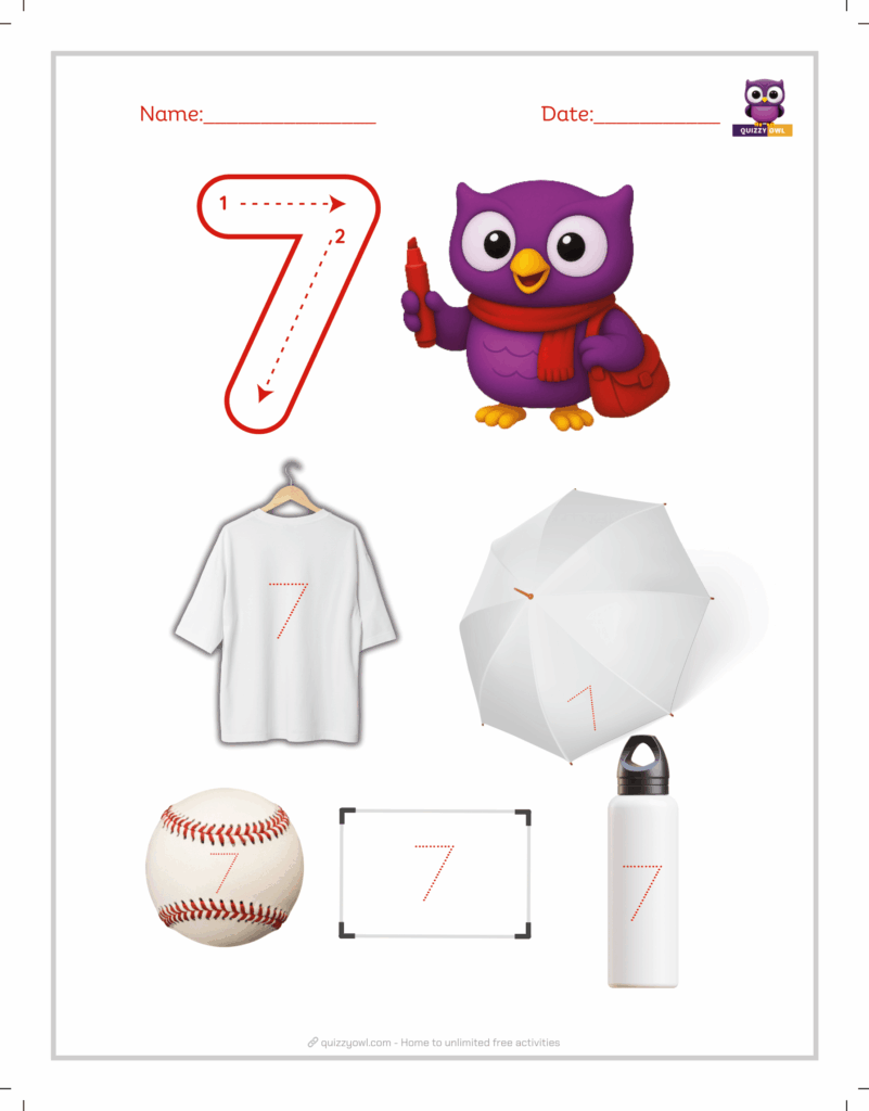Playful number 7 tracing worksheet for young learners.