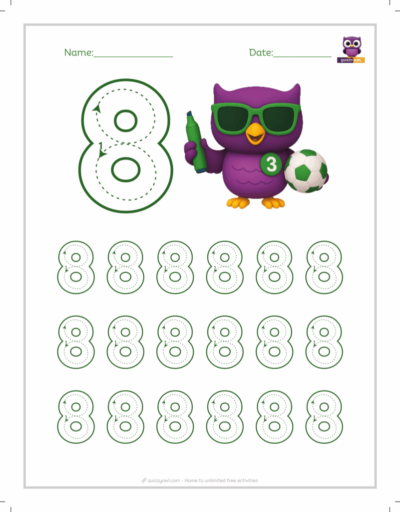 Large dotted number 8 tracing worksheet for beginners.